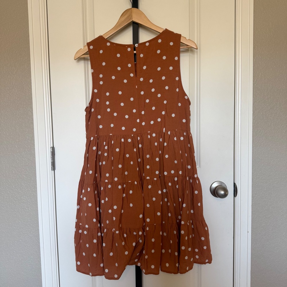 Entro Rust Polka Dot Tiered Babydoll Mini Dress Sleeveless Pockets Womens Large - Picture 4 of 10